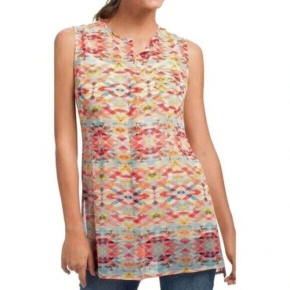CABI Womens Blouse Medium Sheer Tunic Aztec Tribal Native‎ Print Orange Pink - Picture 2 of 12